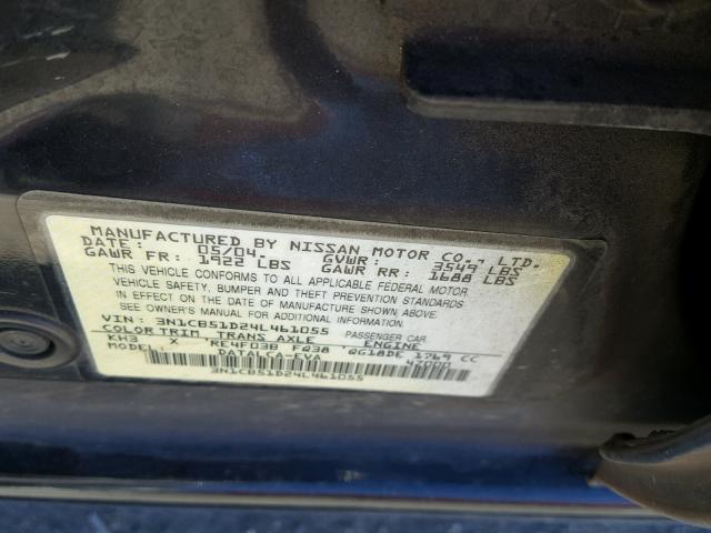 3N1CB51D24L461055 - 2004 NISSAN SENTRA 1.8 BLACK photo 10