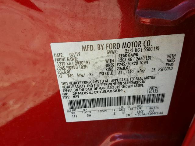 2FMDK4JC0CBA85884 - 2012 FORD EDGE SEL RED photo 10