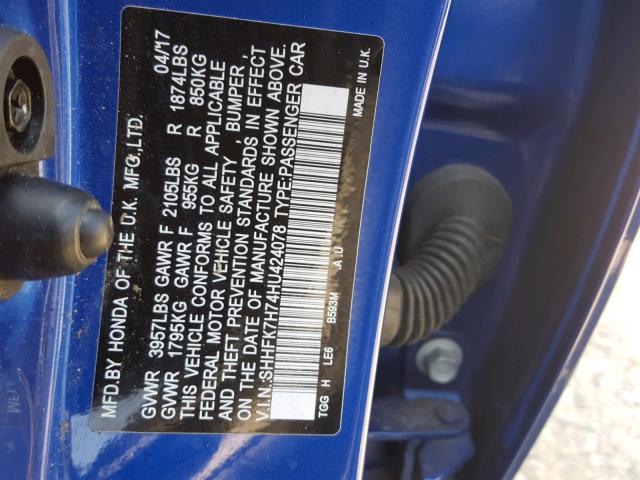 SHHFK7H74HU424078 - 2017 HONDA CIVIC EXL 蓝色 照片 10