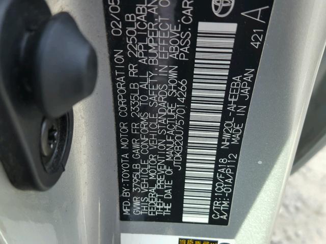 JTDKB20U757014266 - 2005 TOYOTA PRIUS SILVER photo 10