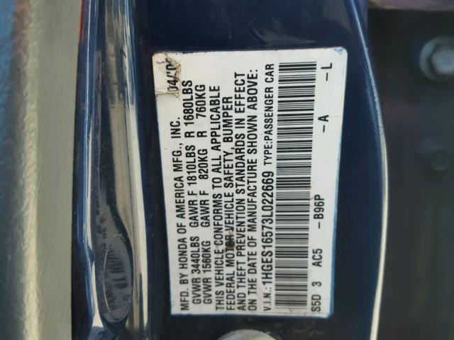 1HGES26704L022599 - 2004 HONDA CIVIC BLUE photo 10