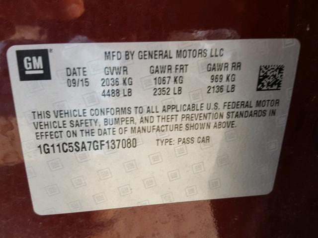 1G11C5SA7GF137080 - 2016 CHEVROLET MALIBU LIM 红色 照片 10