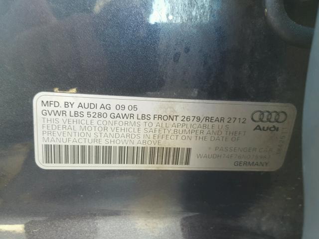 WAUDH74F76N075983 - 2006 AUDI A6 GRAY photo 10