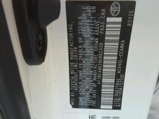 4T1BE46K29U862339 - 2009 TOYOTA CAMRY BASE თეთრი ფოტო 10