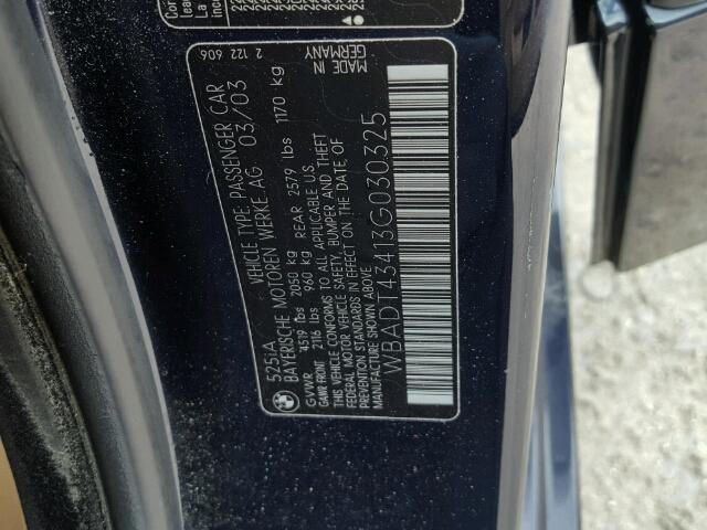 WBADT43413G030325 - 2003 BMW 525 I AUTO BLUE photo 10