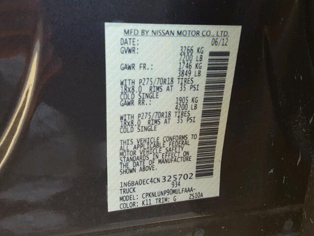 1N6BA0EC4CN325702 - 2012 NISSAN TITAN S GRAY photo 10