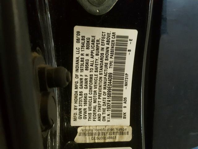 19XFA16899E044089 - 2009 HONDA CIVIC EX BLACK photo 10