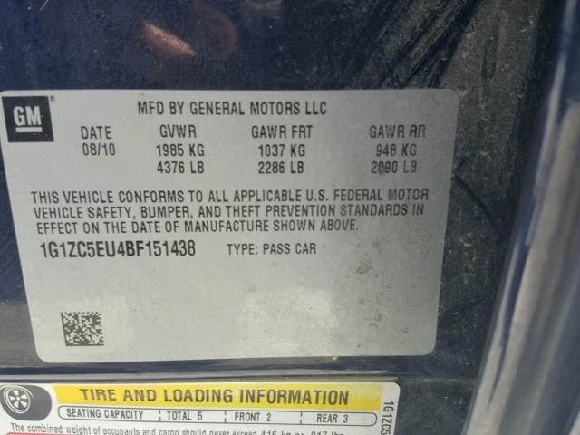 1G1ZC5EU4BF151438 - 2011 CHEVROLET MALIBU 1LT ლურჯი ფოტო 10