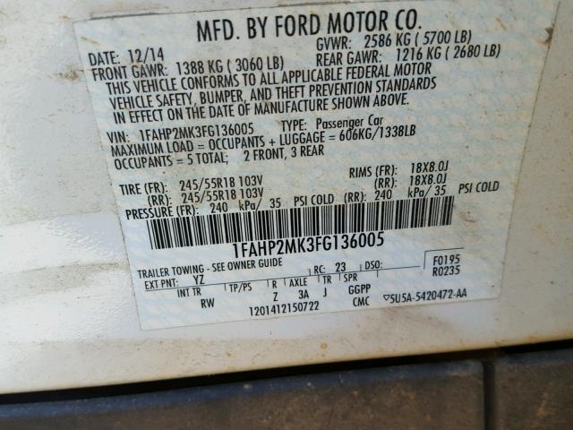 1FAHP2MK3FG136005 - 2015 FORD TAURUS WHITE photo 10