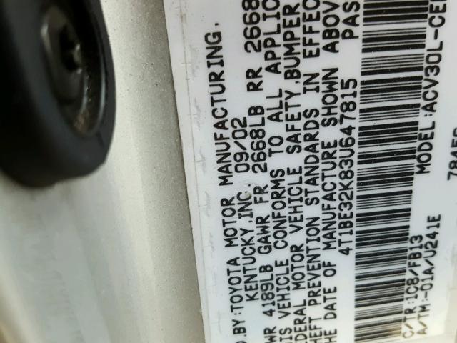 4T1BE32K83U647815 - 2003 TOYOTA CAMRY LE ვერცხლისფერი ფოტო 10
