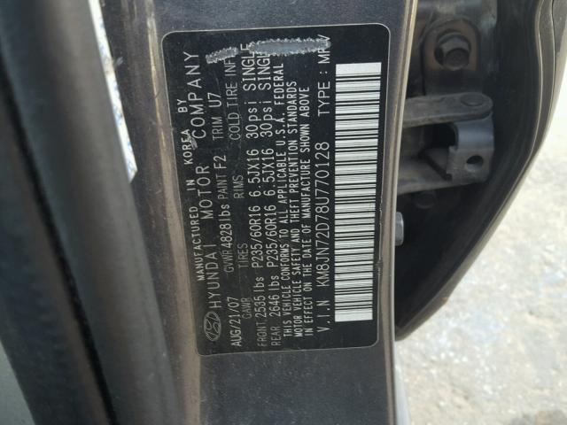 KM8JN72D78U770128 - 2008 HYUNDAI TUCSON GRAY photo 10