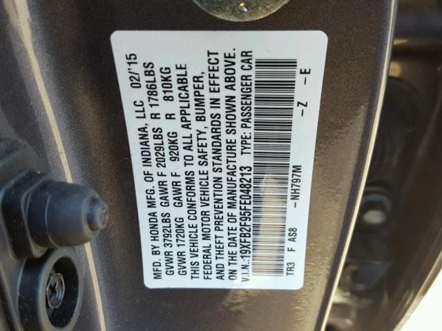 19XFB2F95FE048213 - 2015 HONDA CIVIC EXL GRAY photo 10