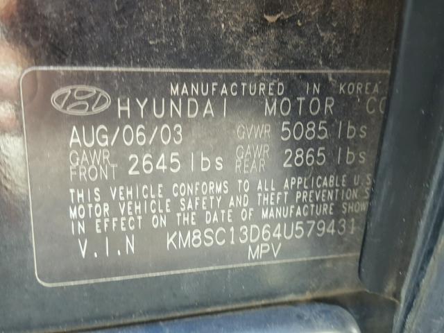 KM8SC13D64U579431 - 2004 HYUNDAI SANTA FE G BLACK photo 10