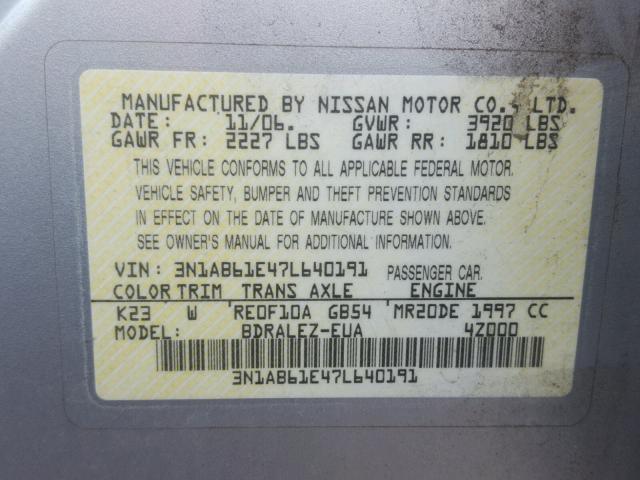 3N1AB61E47L640191 - 2007 NISSAN SENTRA 2.0 GRAY photo 10