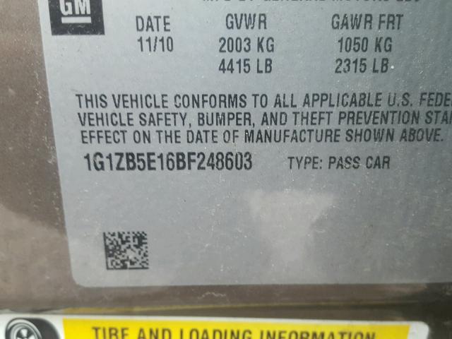 1G1ZB5E16BF248603 - 2011 CHEVROLET MALIBU LS Qəhvəyi foto 10