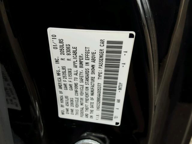 1HGCS2B80AA005377 - 2010 HONDA ACCORD EXL BLACK photo 10