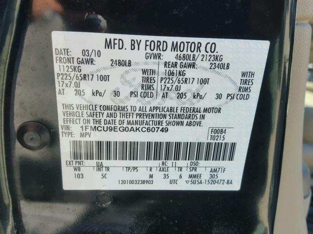 1FMCU9EG0AKC60749 - 2010 FORD ESCAPE LIM BLACK photo 10