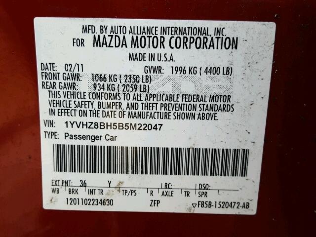 1YVHZ8BH5B5M22047 - 2011 MAZDA 6 I RED photo 10