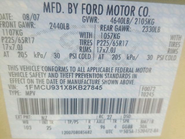 1FMCU931X8KB27845 - 2008 FORD ESCAPE XLT GREEN photo 10