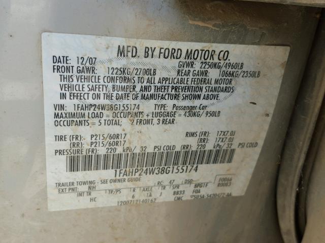 1FAHP24W38G155174 - 2008 FORD TAURUS TAN photo 10