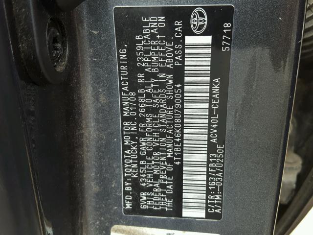 4T1BE46K08U790054 - 2008 TOYOTA CAMRY GRAY photo 10