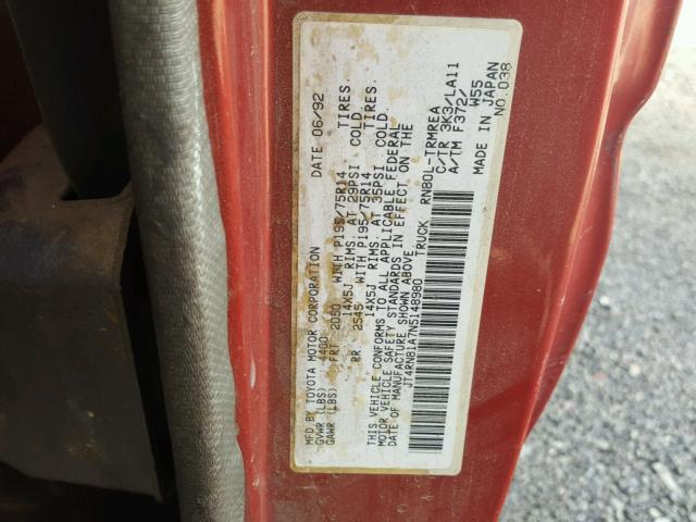 JT4RN81A7N5148980 - 1992 TOYOTA PICKUP 1/2 RED photo 10