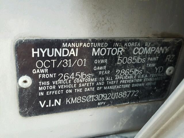 KM8SC13D92U188772 - 2002 HYUNDAI SANTA FE SILVER photo 10