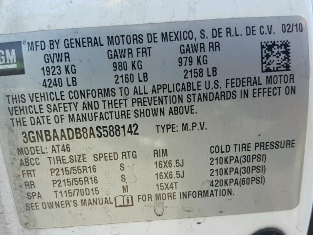 3GNBAADB8AS588142 - 2010 CHEVROLET HHR LS WHITE photo 10