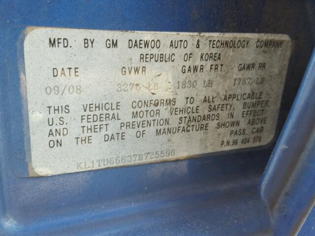 KL1TD66637B725596 - 2007 CHEVROLET AVEO BASE Niebieski zdjęcie 10