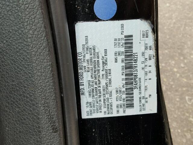 3FAHP08137R148221 - 2007 FORD FUSION SEL BLACK photo 10