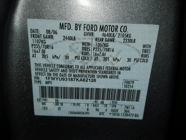 1FMYU93187KA62126 - 2007 FORD ESCAPE XLT GRAY photo 10