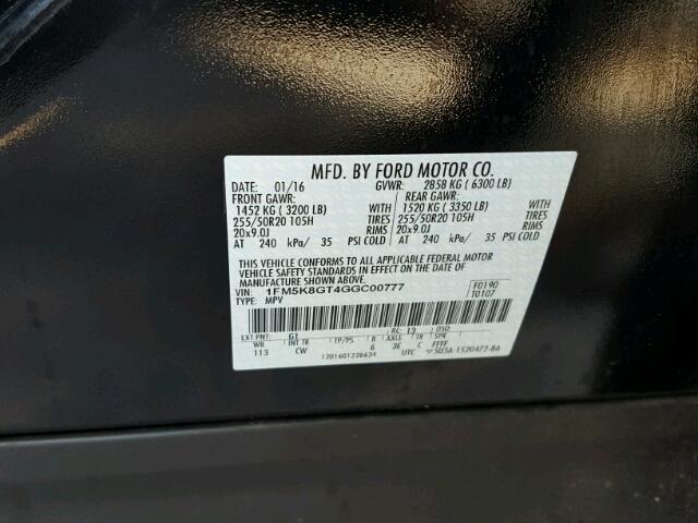 1FM5K8GT4GGC00777 - 2016 FORD EXPLORER S BLACK photo 10