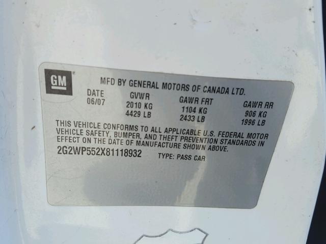 2G2WP552X81118932 - 2008 PONTIAC GRAND PRIX WHITE photo 10