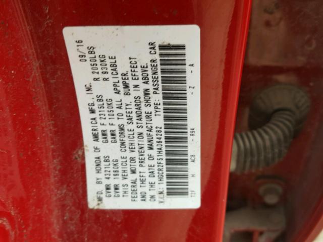 1HGCR2F51HA064282 - 2017 HONDA ACCORD RED photo 10