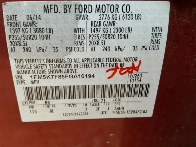 1FM5K7F85FGA16194 - 2015 FORD EXPLORER BURGUNDY photo 10