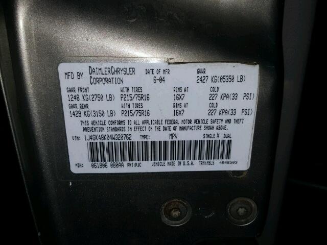 1J4GK48K04W320762 - 2004 JEEP LIBERTY SP GREEN photo 10