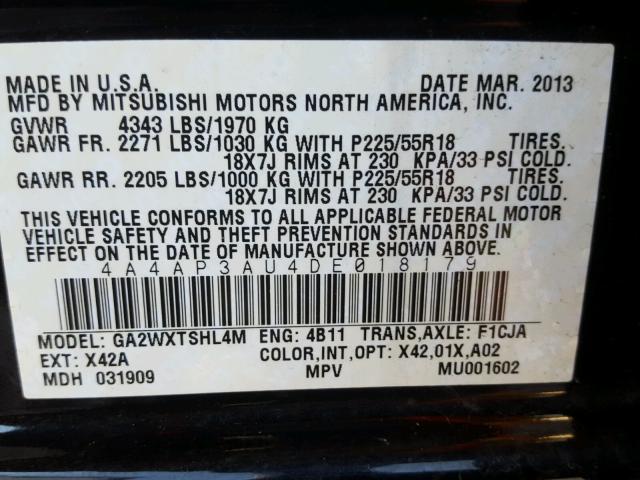 4A4AP3AU4DE018179 - 2013 MITSUBISHI OUTLANDER BLACK photo 10