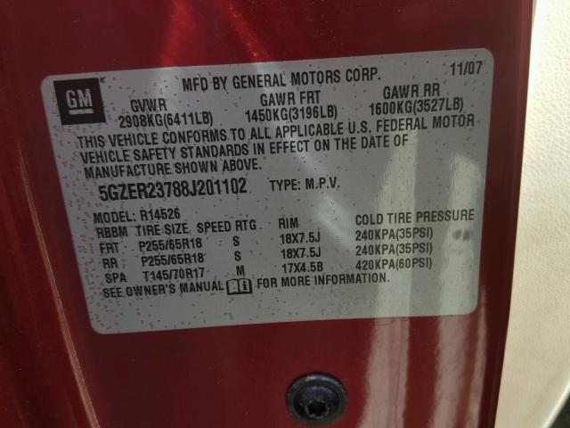 5GZER23788J201102 - 2008 SATURN OUTLOOK XR მუქწითელი ფოტო 10