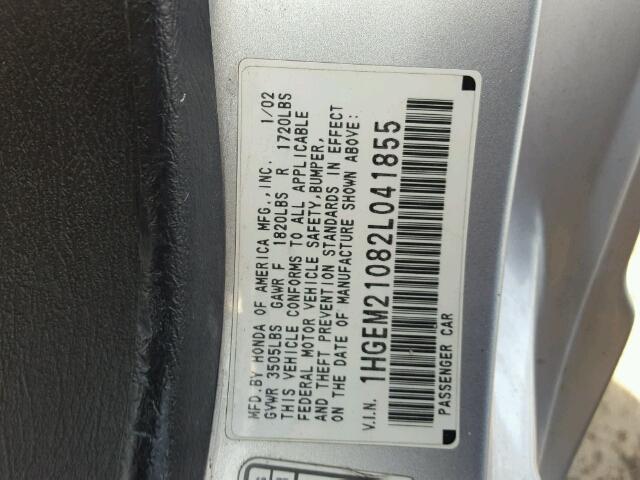 1HGEM21082L041855 - 2002 HONDA CIVIC EX SILVER photo 10