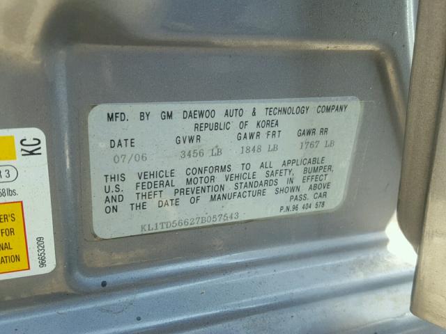 KL1TD56627B057543 - 2007 CHEVROLET AVEO BASE Сұр фото 10