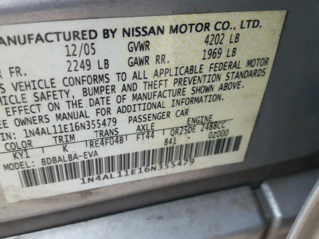 1N4AL11E16N355479 - 2006 NISSAN ALTIMA S SILVER photo 10