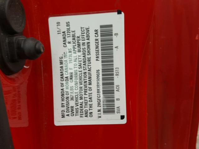 2HGFG1B83BH509076 - 2011 HONDA CIVIC EX RED photo 10