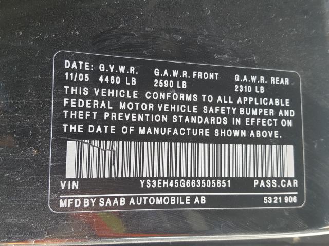 YS3EH45G663505651 - 2006 SAAB 9-5 AERO BLACK photo 10