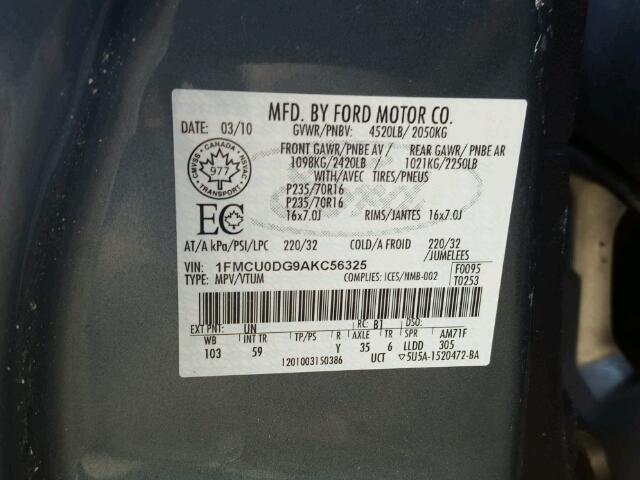 1FMCU0DG9AKC56325 - 2010 FORD ESCAPE XLT BLUE photo 10