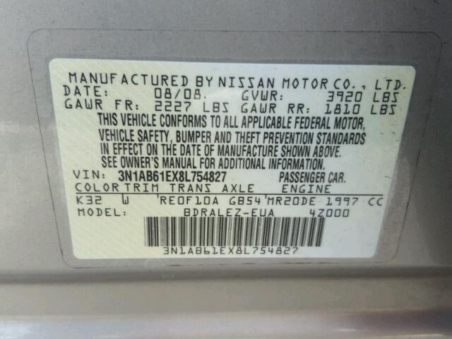 3N1AB61EX8L754827 - 2008 NISSAN SENTRA 2.0 GRAY photo 10