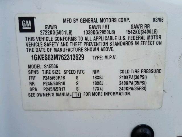 1GKES63M762313629 - 2006 GMC ENVOY DENA WHITE photo 10