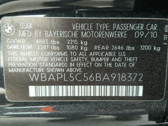 WBAPL5C56BA918372 - 2011 BMW 335 BLACK photo 10