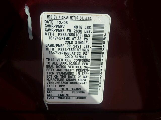 JN8AZ08T86W407941 - 2006 NISSAN MURANO RED photo 10