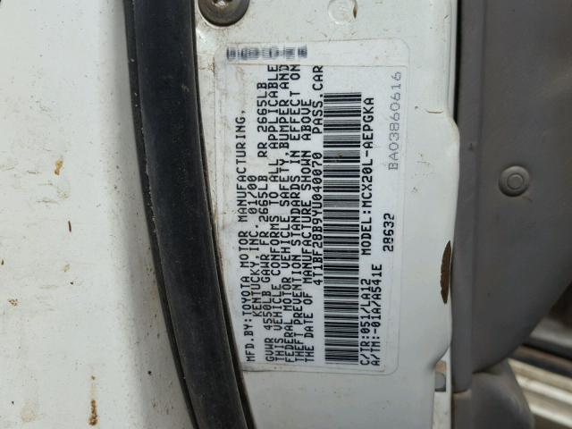 4T1BF28B9YU040070 - 2000 TOYOTA AVALON XL WHITE photo 10