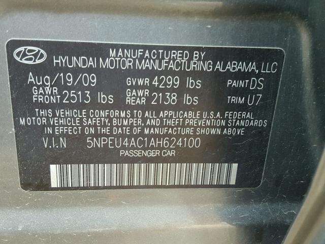 5NPEU4AC1AH624100 - 2010 HYUNDAI SONATA GRAY photo 9